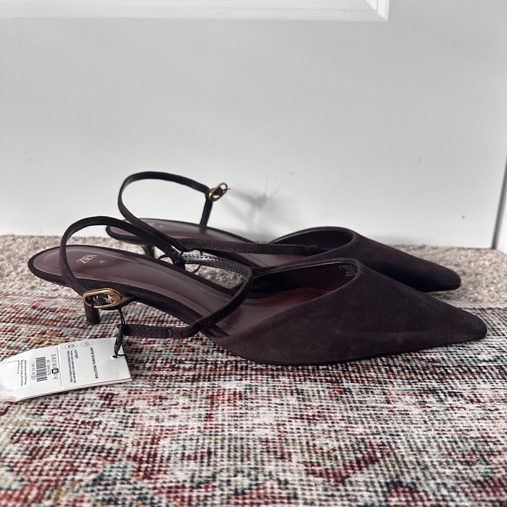 NWT Zara Chocolate Brown Suede Pointed Kitten Heels - Picture 2 of 6